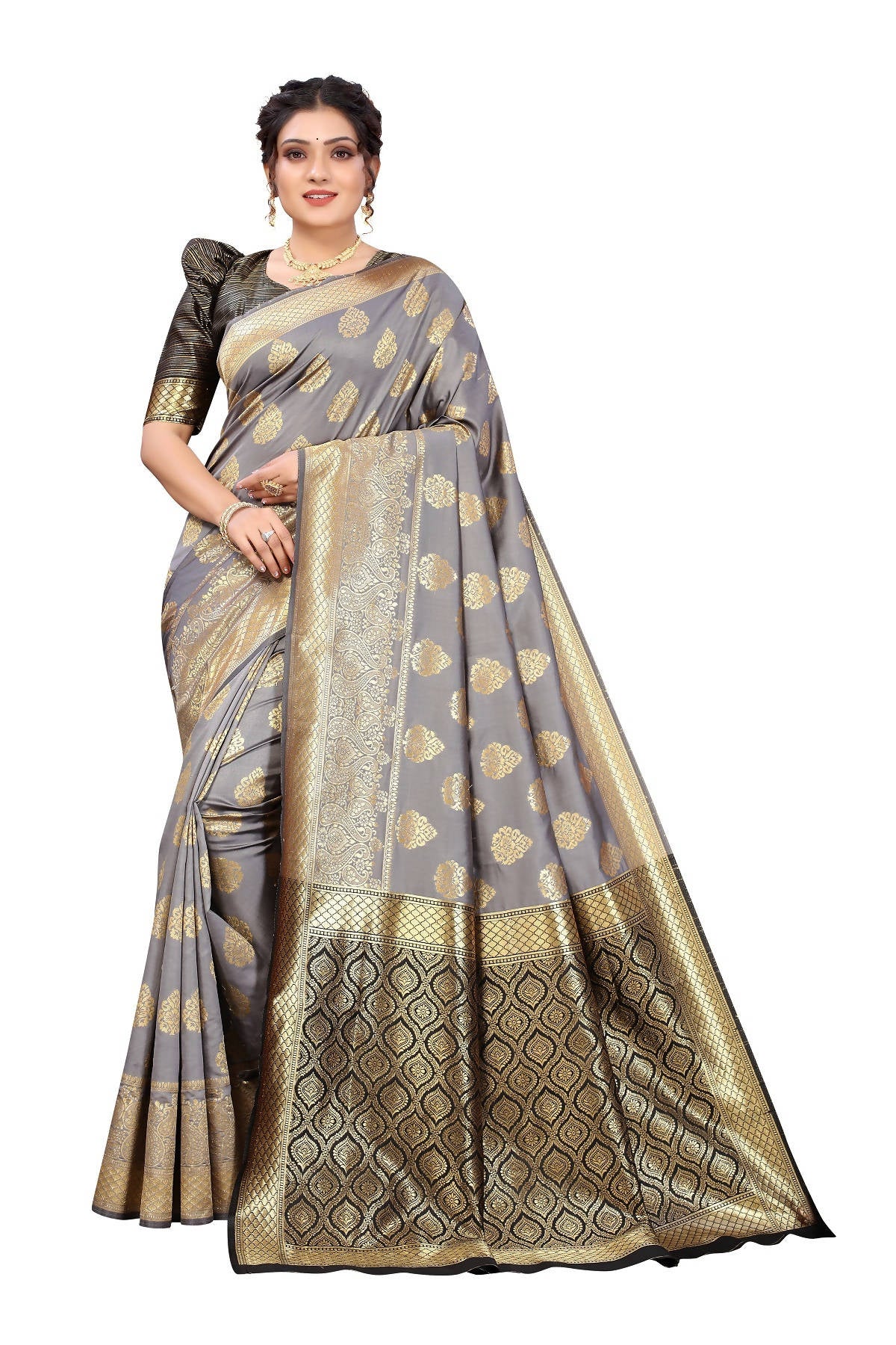 Vamika Ethnic Fire Grey Weaving Banarasi Jacquard Saree - Distacart
