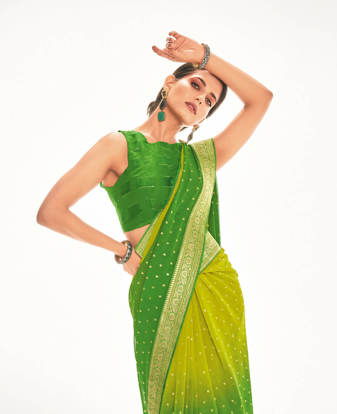 Green Georgette Foil Printed Saree With Unstitched Blouse Piece - Nitya - Distacart