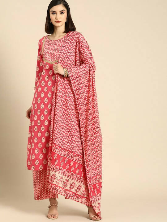 Ahika Women Pink Ethnic Motifs Printed Regular Pure Cotton Kurta with Palazzos & With Dupatta - Distacart