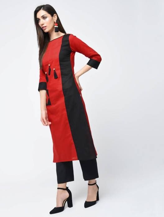 Aniyah Cotton Red Color Stylish Block Straight Kurta (AN-107K)