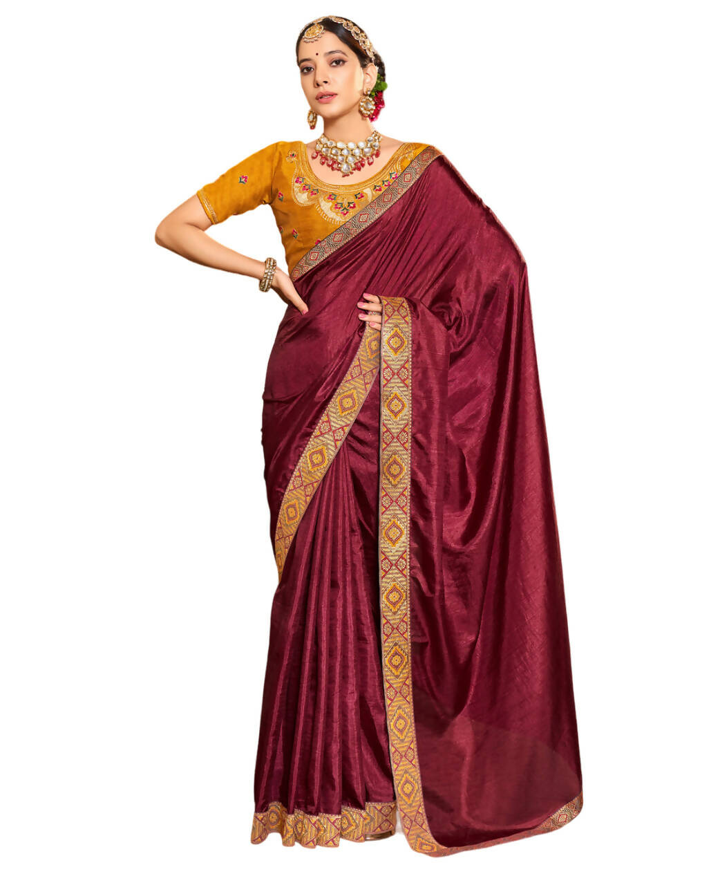 Dark Maroon Solid Vichitra Saree With Unstitched Blouse Piece - Selena - Distacart