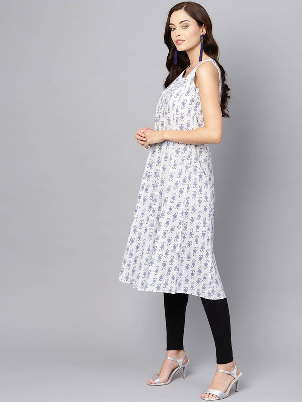 Blue Printed A-Line Kurta With Round Neck And Half Sleeves