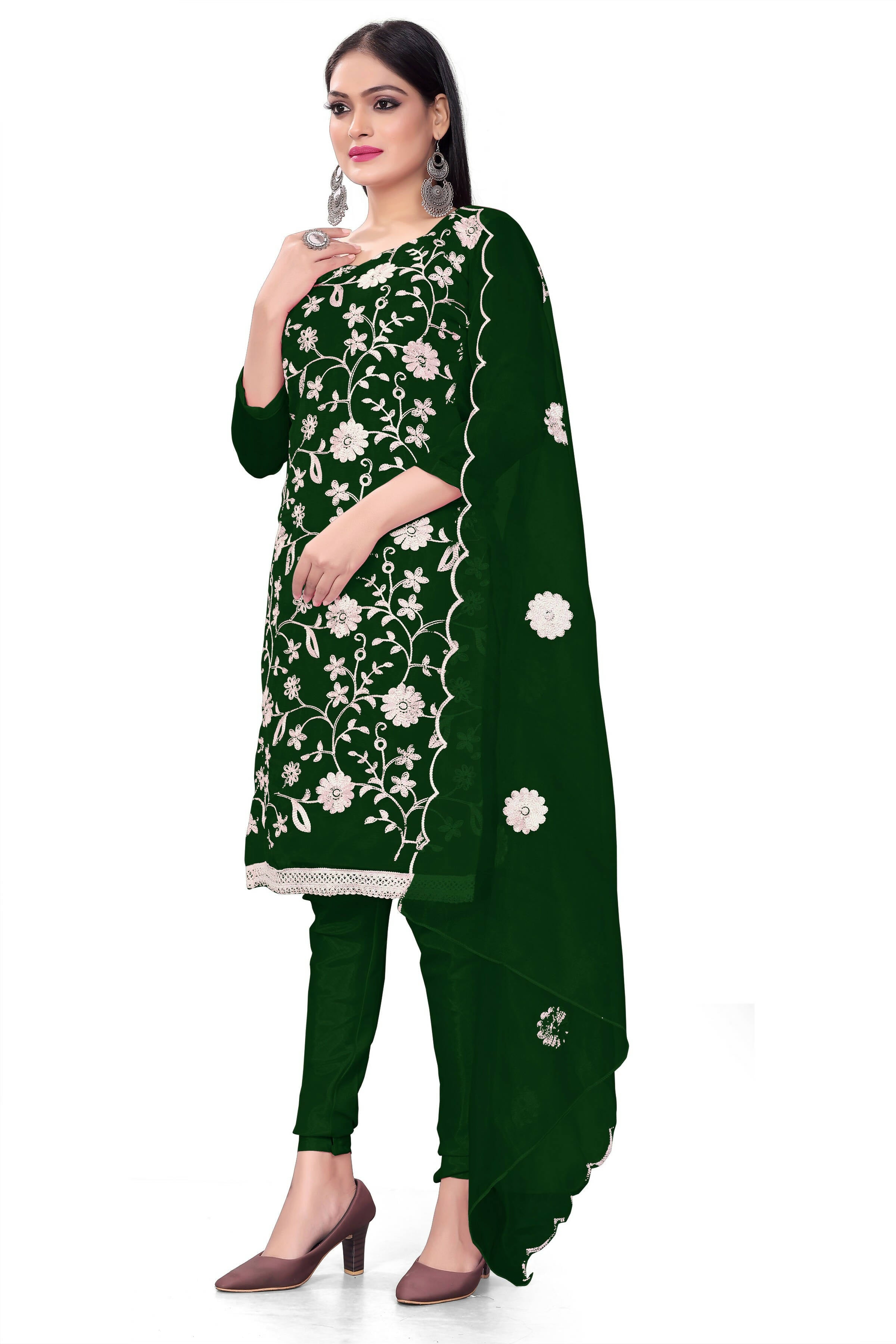 Green Organza Silk Embroidered Work Unstitched Dress Material - Tanvi - Distacart