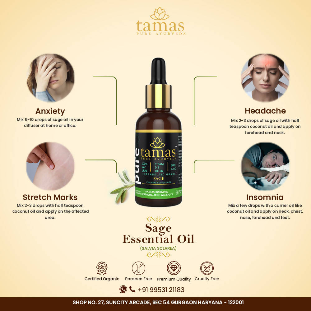 Tamas Pue Ayurveda 100% Organic Sage Essential Oil- - USDA Certified Organic - Distacart