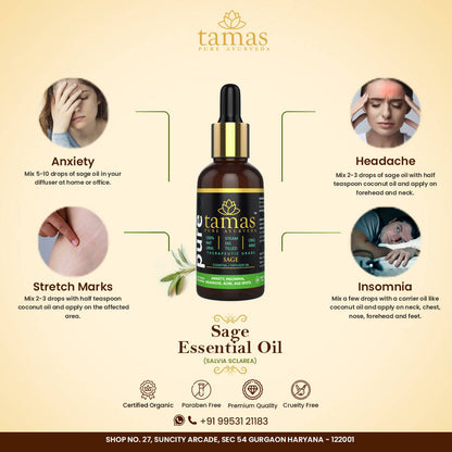 Tamas Pue Ayurveda 100% Organic Sage Essential Oil- - USDA Certified Organic - Distacart