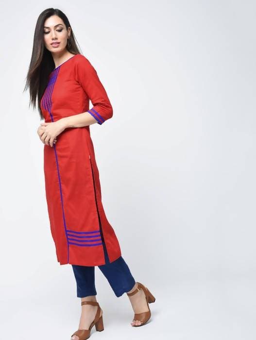 Aniyah Cotton Red Color Straight Kurta With Patchwork (AN-108K)