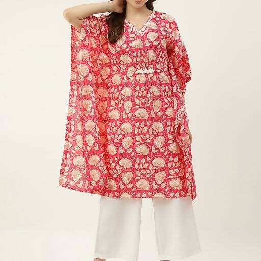 FIORRA Women's Printed Pure Cotton Kaftan Kurta - Red - Distacart