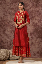 Thumbnail for Juniper Women Maroon Chanderi Silk Embroidered & Printed Layered Dress - Distacart