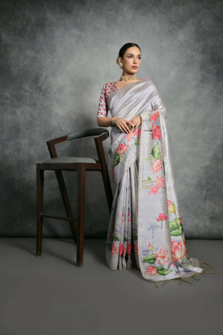 Vishnu Weaves Women's Grey Soft Tussar Silk Printed Saree with Blouse - Distacart