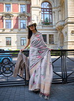 Thumbnail for Grey Satin Organza Floral Woven Design Saree With Unstitched Blouse Piece - Klay's - Distacart