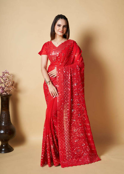 Vastrasky Red Georgette Designer Saree - Distacart