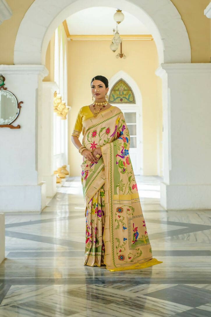 Vishnu Weaves Women's Yellow Paithani Silk Zari Woven Saree with Unstitched Blouse - Distacart