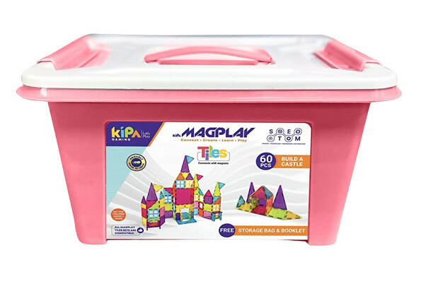 Kipa MagPlay Build A Castle 60 Pcs. Magnetic Tiles Set with Storage Container, Constructing and Creative Toy with Smart Outdoor BagPack for Kids - Distacart