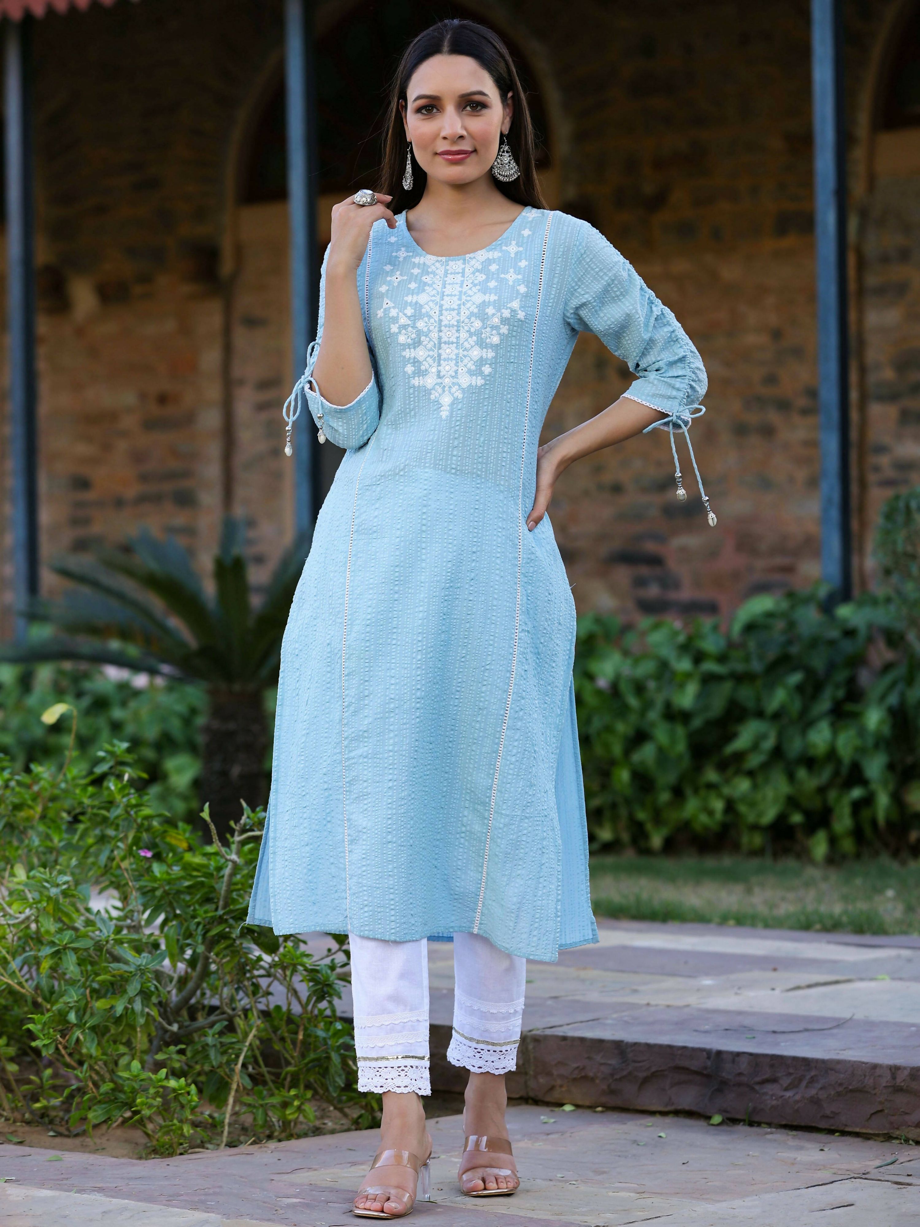 Juniper Women's Blue Sheer Sucker Embroidered Straight Kurta - Distacart