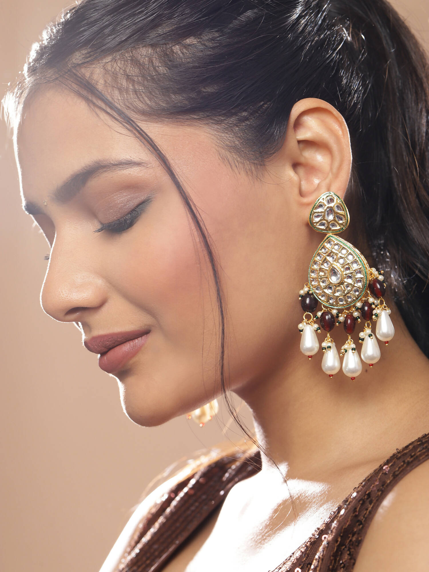 Gold-Toned White Kundan Contemporary Gold-Plated Jhumkas Earrings - Ruby Raang - Distacart