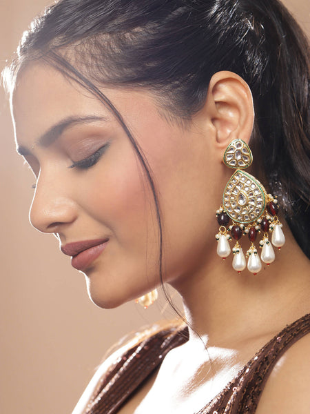 Gold-Toned White Kundan Contemporary Gold-Plated Jhumkas Earrings - Ruby Raang - Distacart