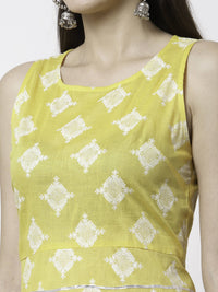 Thumbnail for Myshka Yellow Pure Cotton Printed Sleeveless Round Neck Kurta Palazzo Dupatta Set