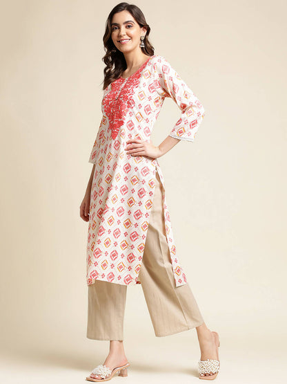 Red Poly Rayon Aztec Printed Straight Fit Kurta - Prasuti - Distacart