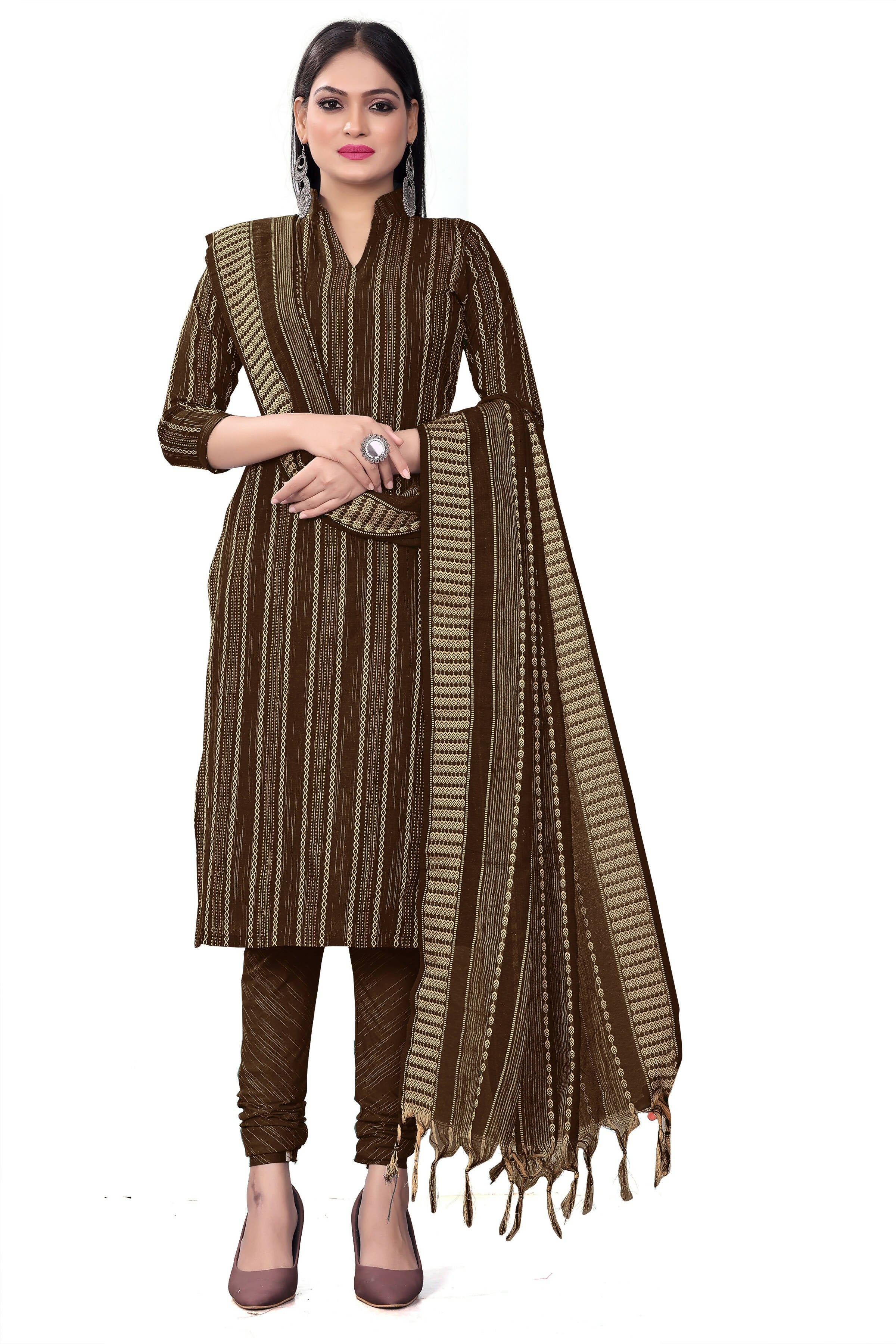 Brown Cotton Jacquard Woven Unstitched Dress Material - Tanvi - Distacart