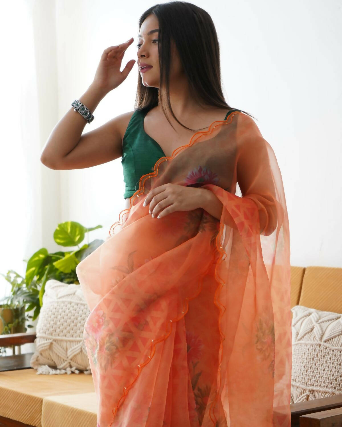 Vamsee Orange Organza Saree - Distacart