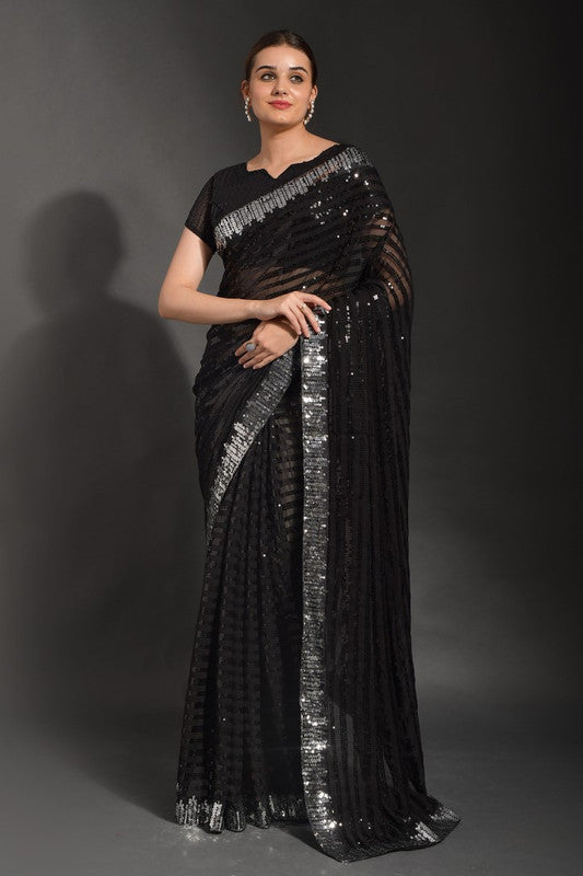 Malishka Women's Black Georgette Sequence Embroidery Bollywood Saree With Blouse Piece - Distacart