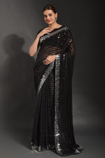 Thumbnail for Malishka Women's Black Georgette Sequence Embroidery Bollywood Saree With Blouse Piece - Distacart