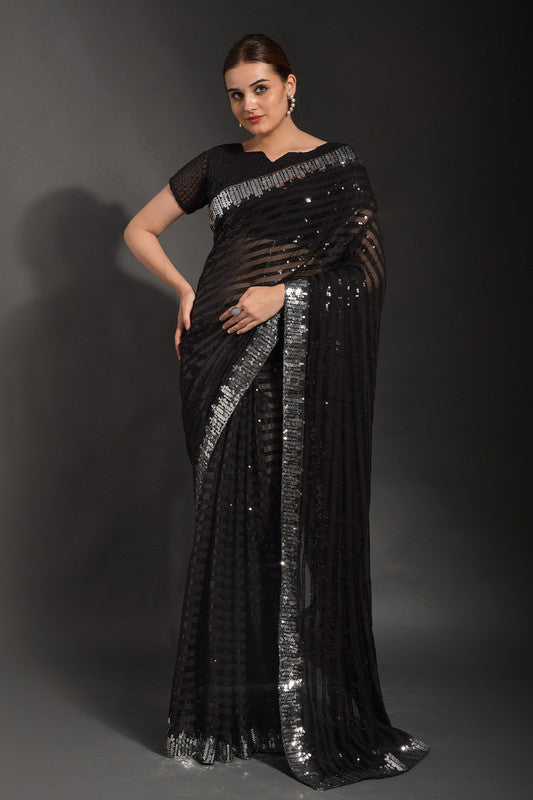 Malishka Women's Black Georgette Sequence Embroidery Bollywood Saree With Blouse Piece - Distacart