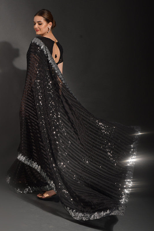 Malishka Women's Black Georgette Sequence Embroidery Bollywood Saree With Blouse Piece - Distacart