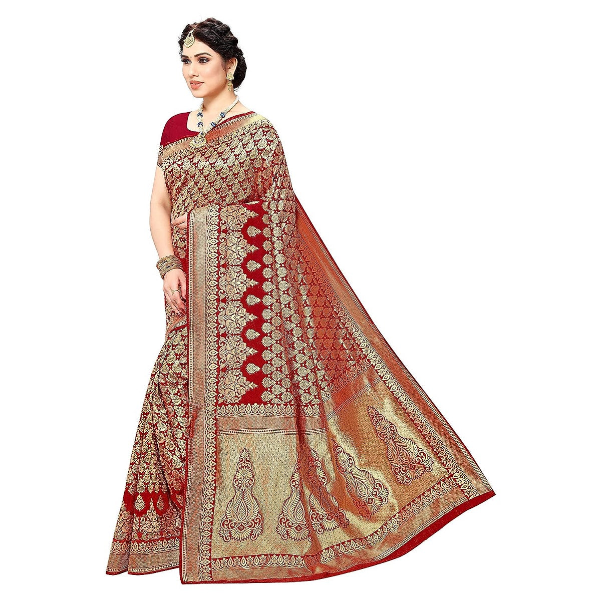 Vamika Red Banarasi Jacquard Weaving Saree - Distacart