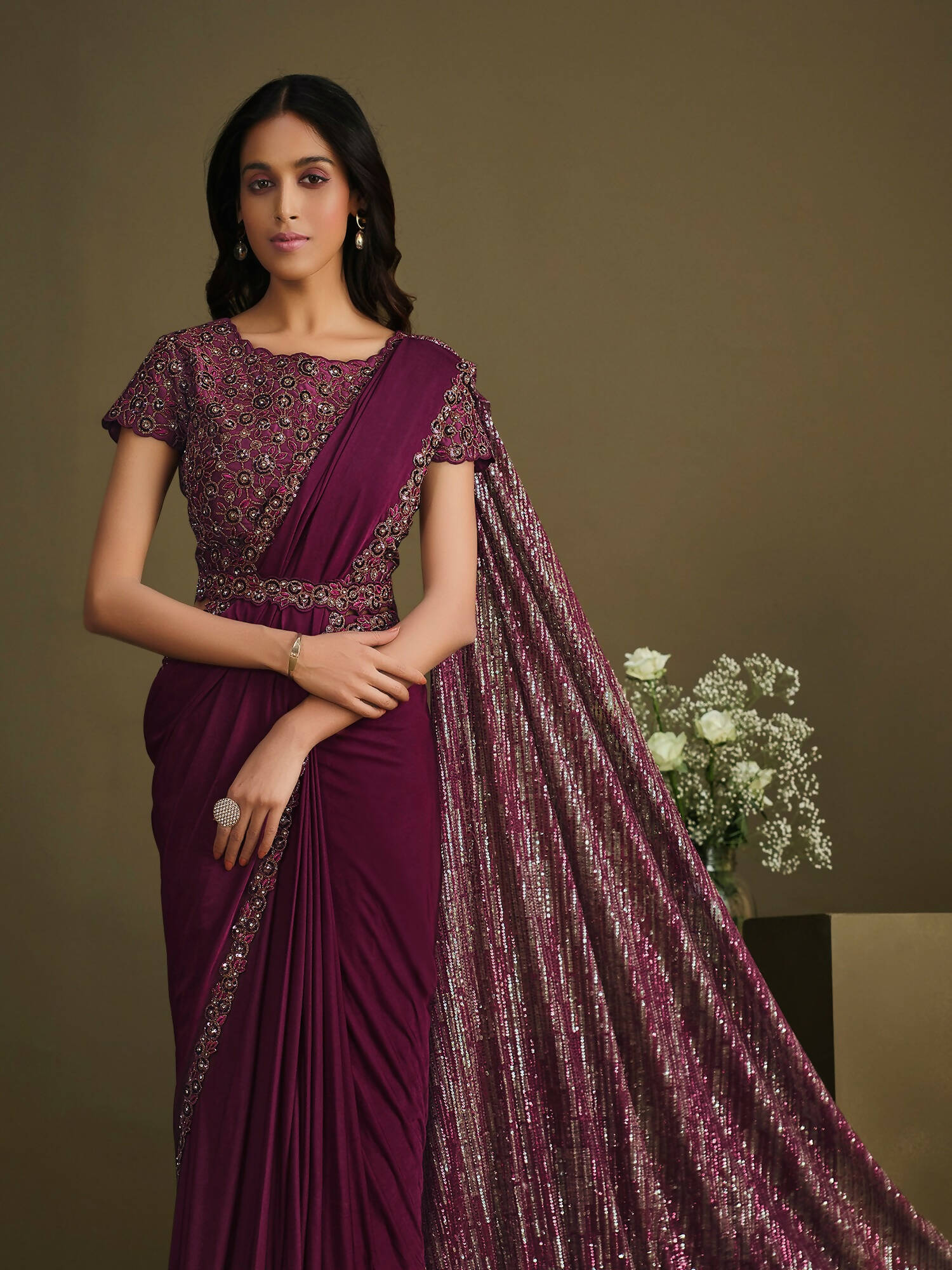 Maroon Crystal Silk Sequence Embroidered Saree With Stitched Blouse - Mohmanthan La Belle - Distacart