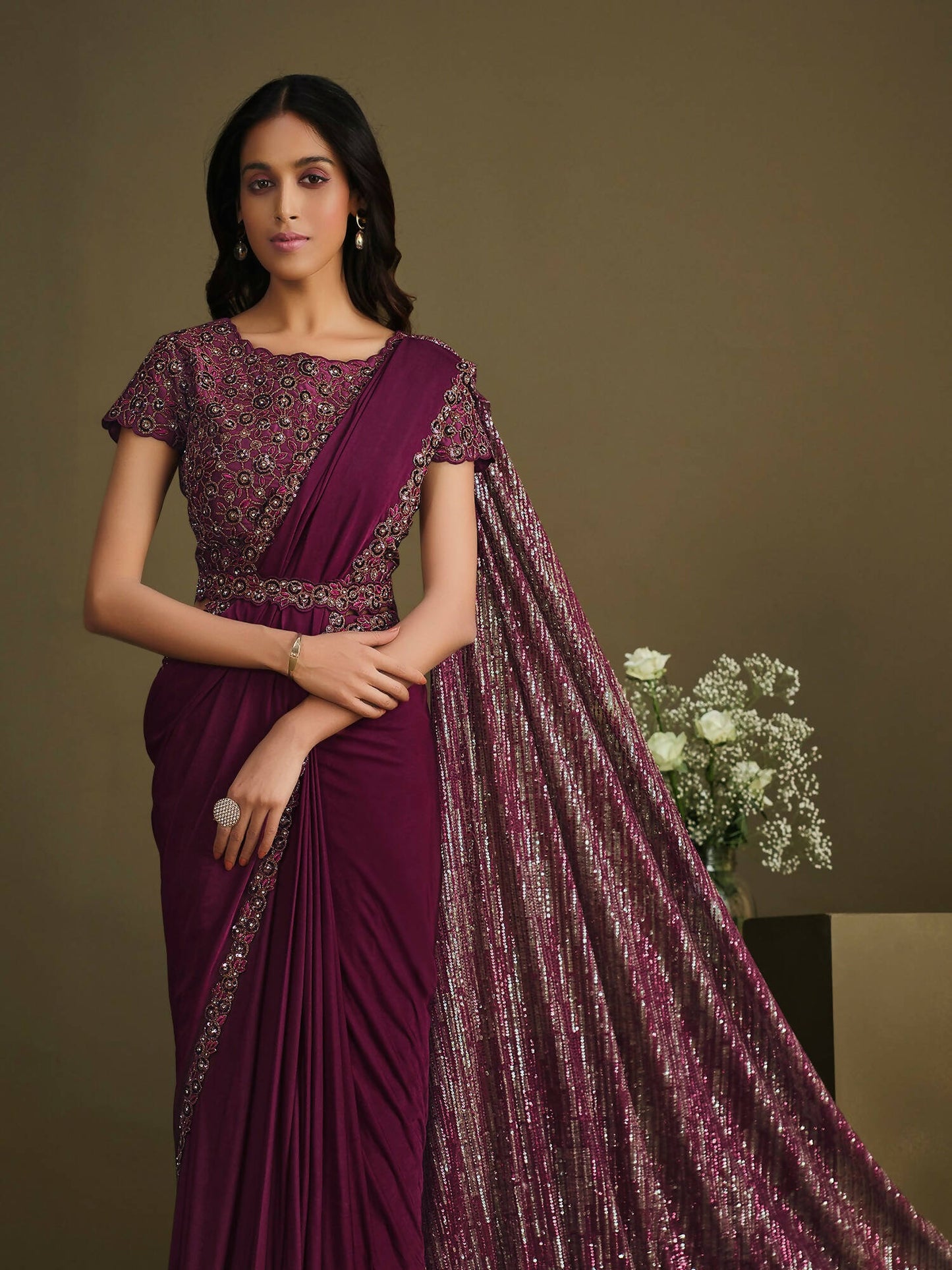 Maroon Crystal Silk Sequence Embroidered Saree With Stitched Blouse - Mohmanthan La Belle - Distacart