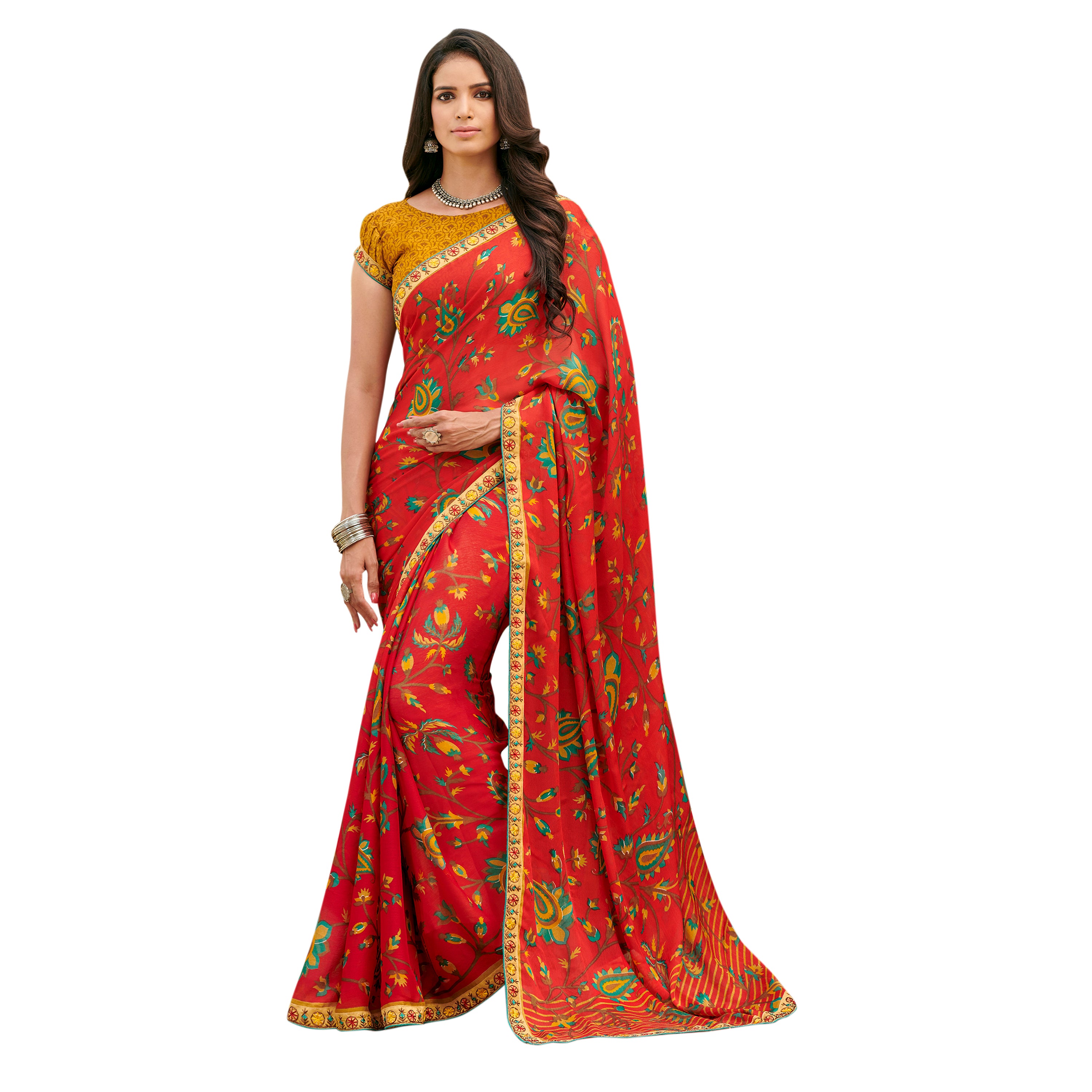 Vamika Orange Cadbury Chiffon Georgette Saree Saree - Distacart