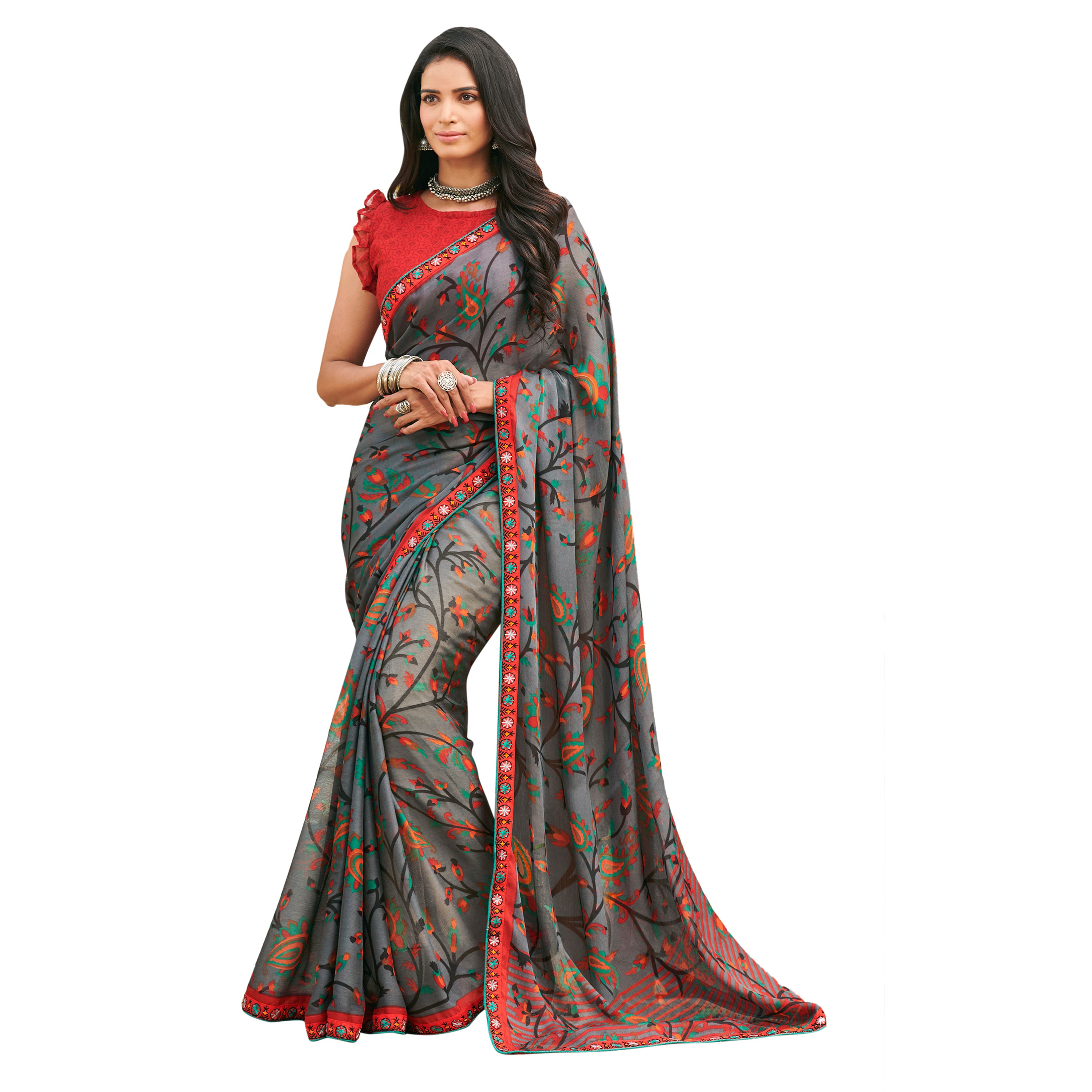 Vamika Grey Cadbury Chiffon Georgette Saree Saree - Distacart
