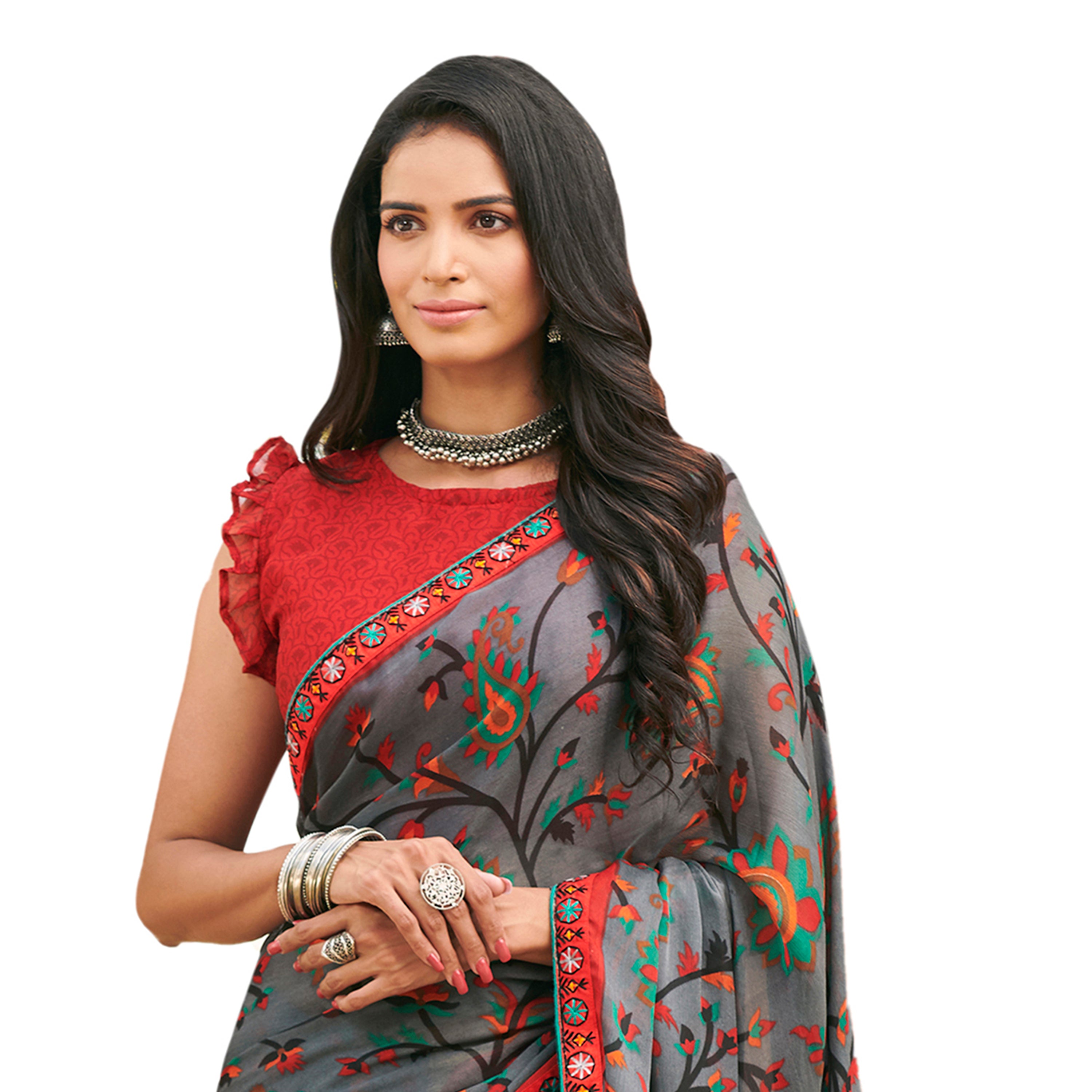 Vamika Grey Cadbury Chiffon Georgette Saree Saree - Distacart