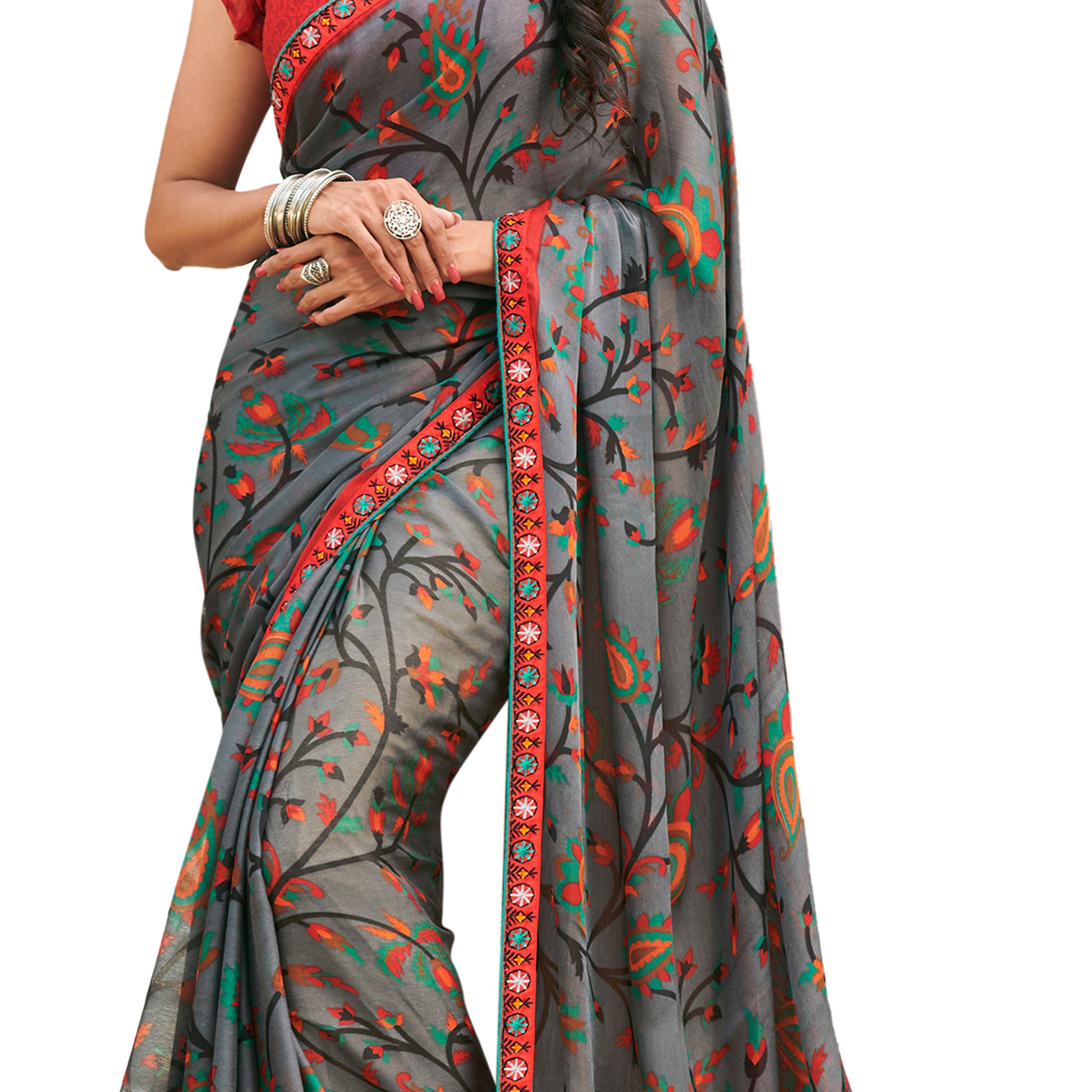 Vamika Grey Cadbury Chiffon Georgette Saree Saree - Distacart