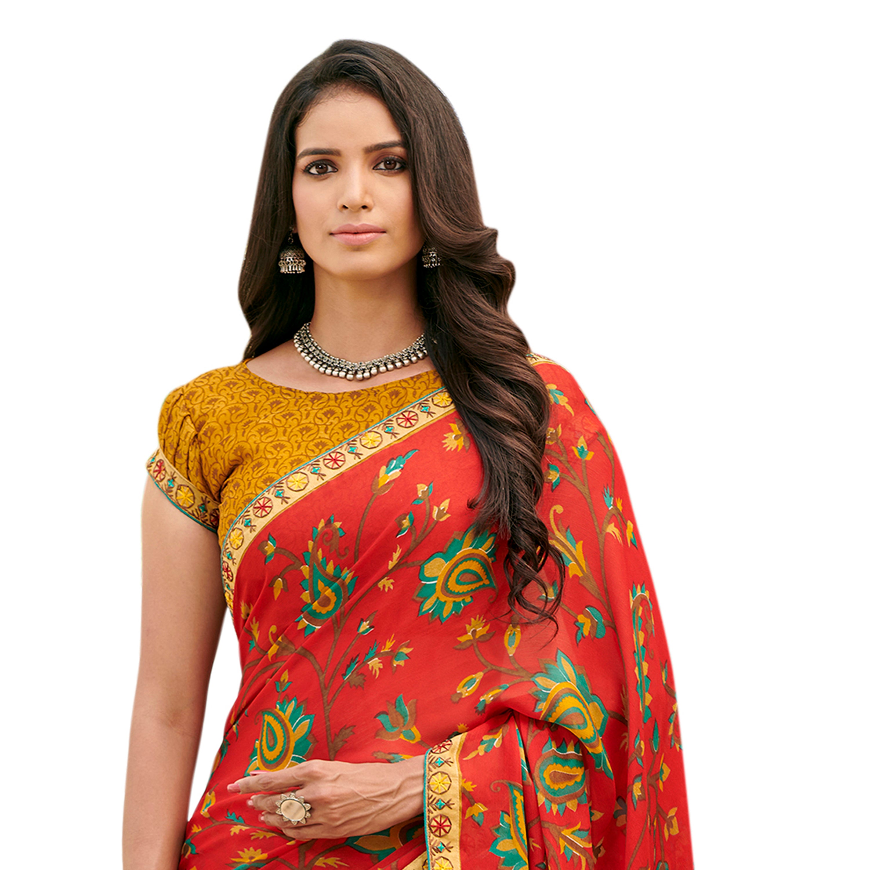 Vamika Orange Cadbury Chiffon Georgette Saree Saree - Distacart