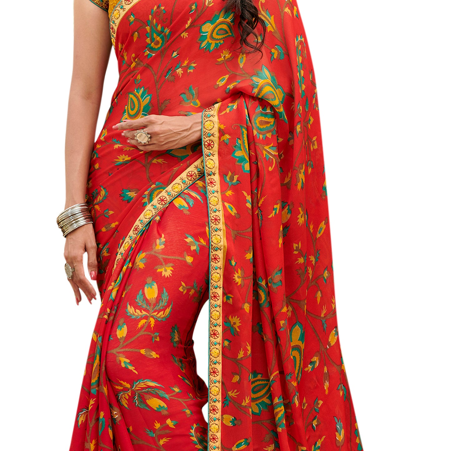 Vamika Orange Cadbury Chiffon Georgette Saree Saree - Distacart
