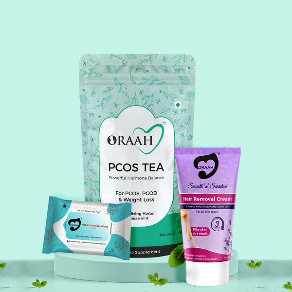 Oraah PCOS PCOD Care Combo (Spearmint Tea, Hair Removal Cream & Intimate Wipes) - Distacart