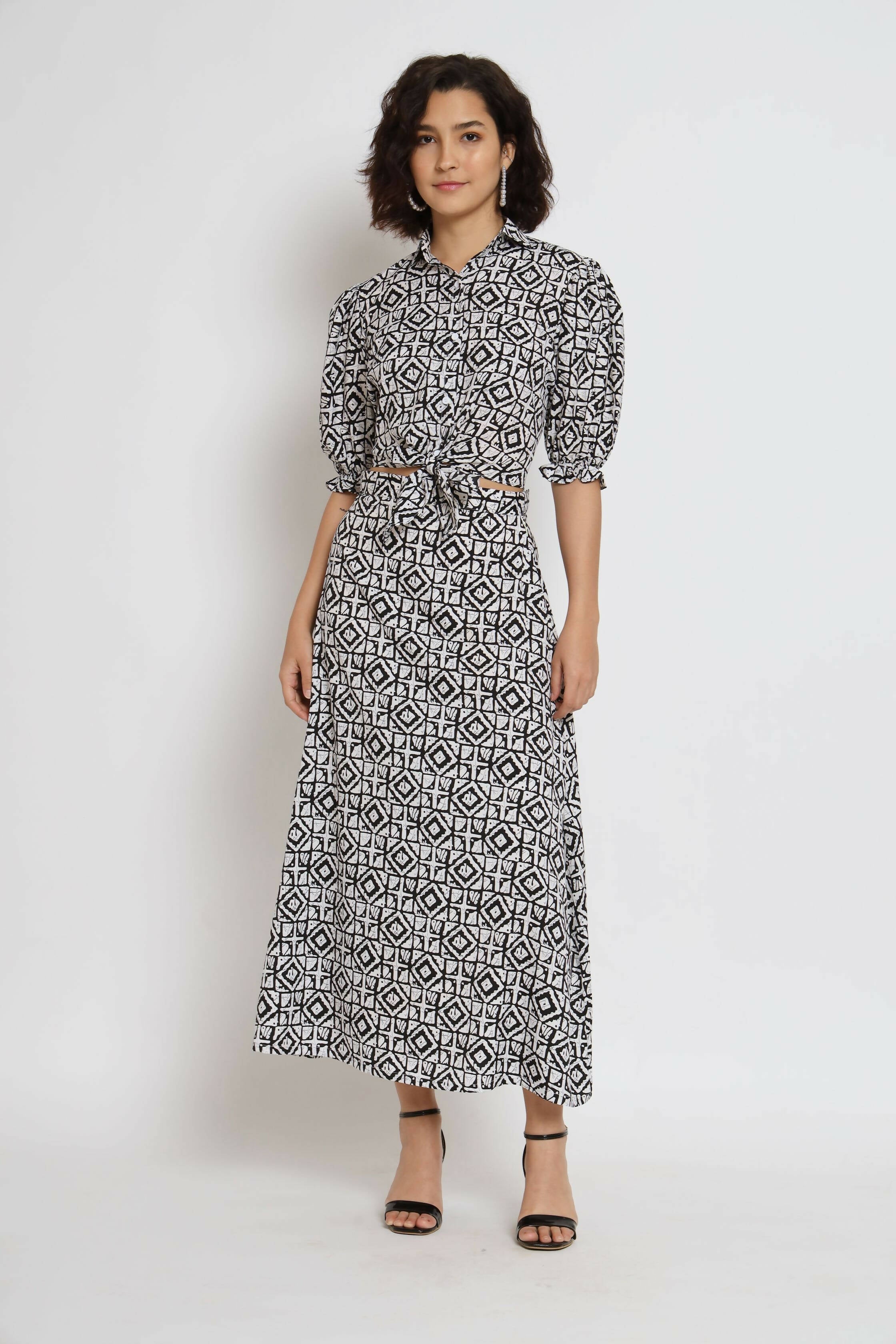 White Crepe Geometric Printed Top with Matching Skirt - Shivani - Distacart