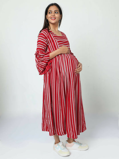 Manet Three Fourth Maternity Dress With Concealed Zipper Nursing Access - Red - Distacart