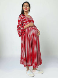 Thumbnail for Manet Three Fourth Maternity Dress With Concealed Zipper Nursing Access - Red - Distacart