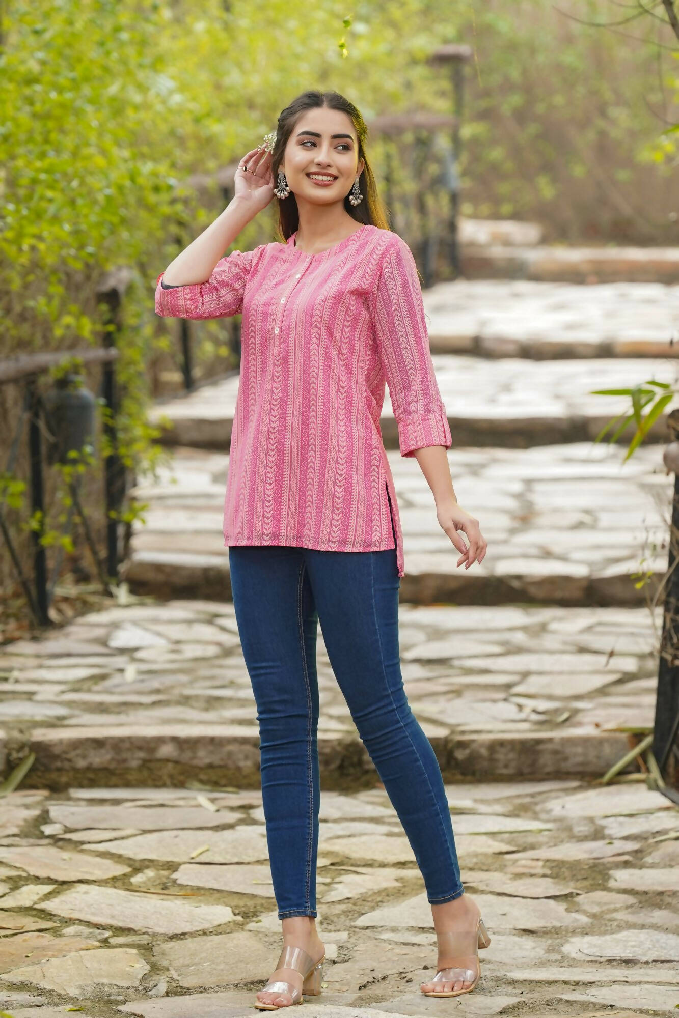 Juniper Women Pink Georgette Printed High-Low Tunic - Distacart