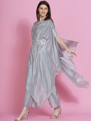 Women Republic Grey Opara Silk Kurta With Belt And Palazzo - Distacart