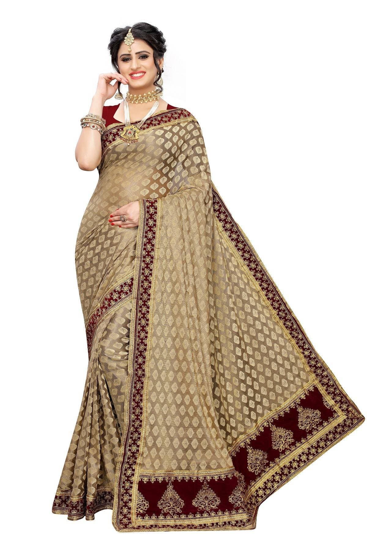 Vamika Brown Terry Jaquard/Terry Cotton Embroidery Saree