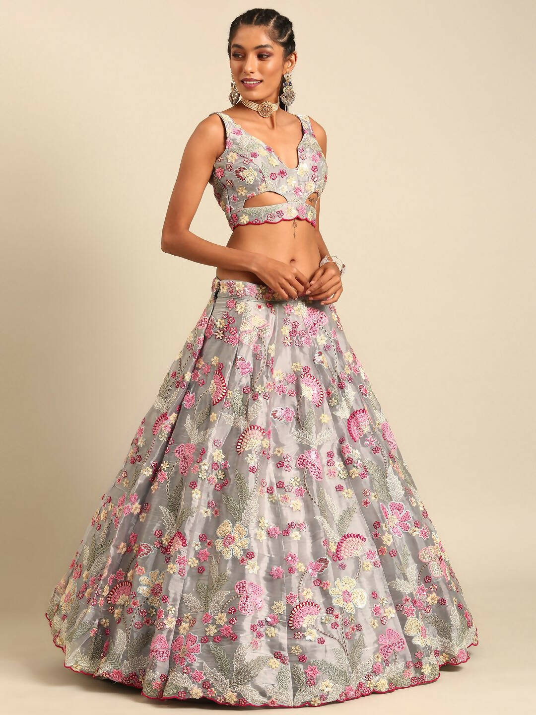 House of Panchhi Grey Organza Sequins and Zarkan embroidery Lehenga choli & Dupatta - Distacart