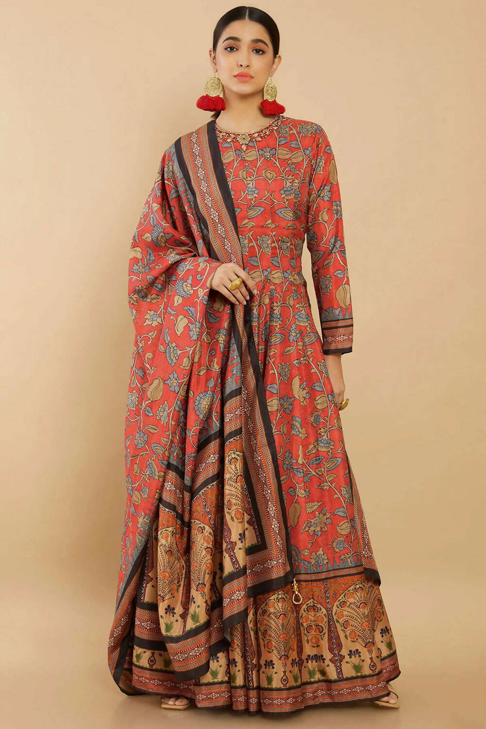 Women's Partywear Designer Red Soft Dola Silk Anarkali suit with Dupatta - Kalishta - Distacart