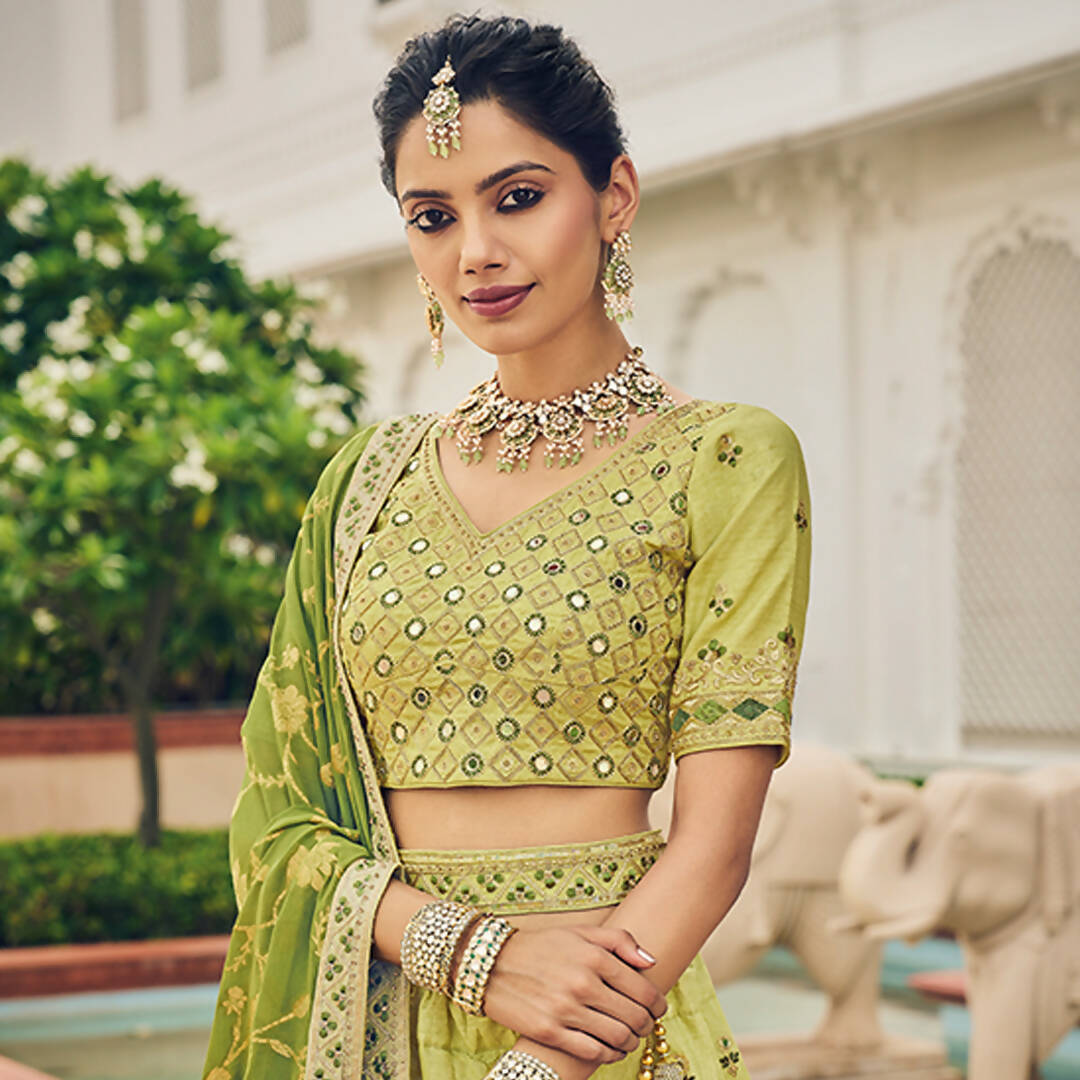 Olive Green Heavy Viscose Khatli, Embroidery & Mirror Work Unstitched Lehenga Choli - Sisha Keshav - Distacart