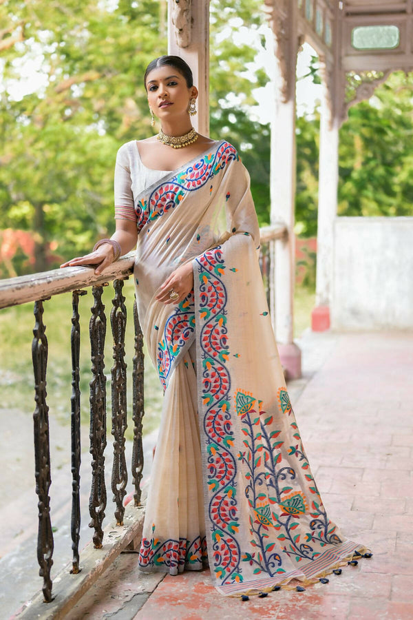 Vishnu Weaves Women's Navy-Blue Muga Cotton Woven Saree with Blouse - Distacart