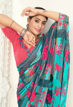 Thumbnail for Teal Georgette Floral Printed Saree With Unstitched Blouse Piece - Jyoti - Distacart