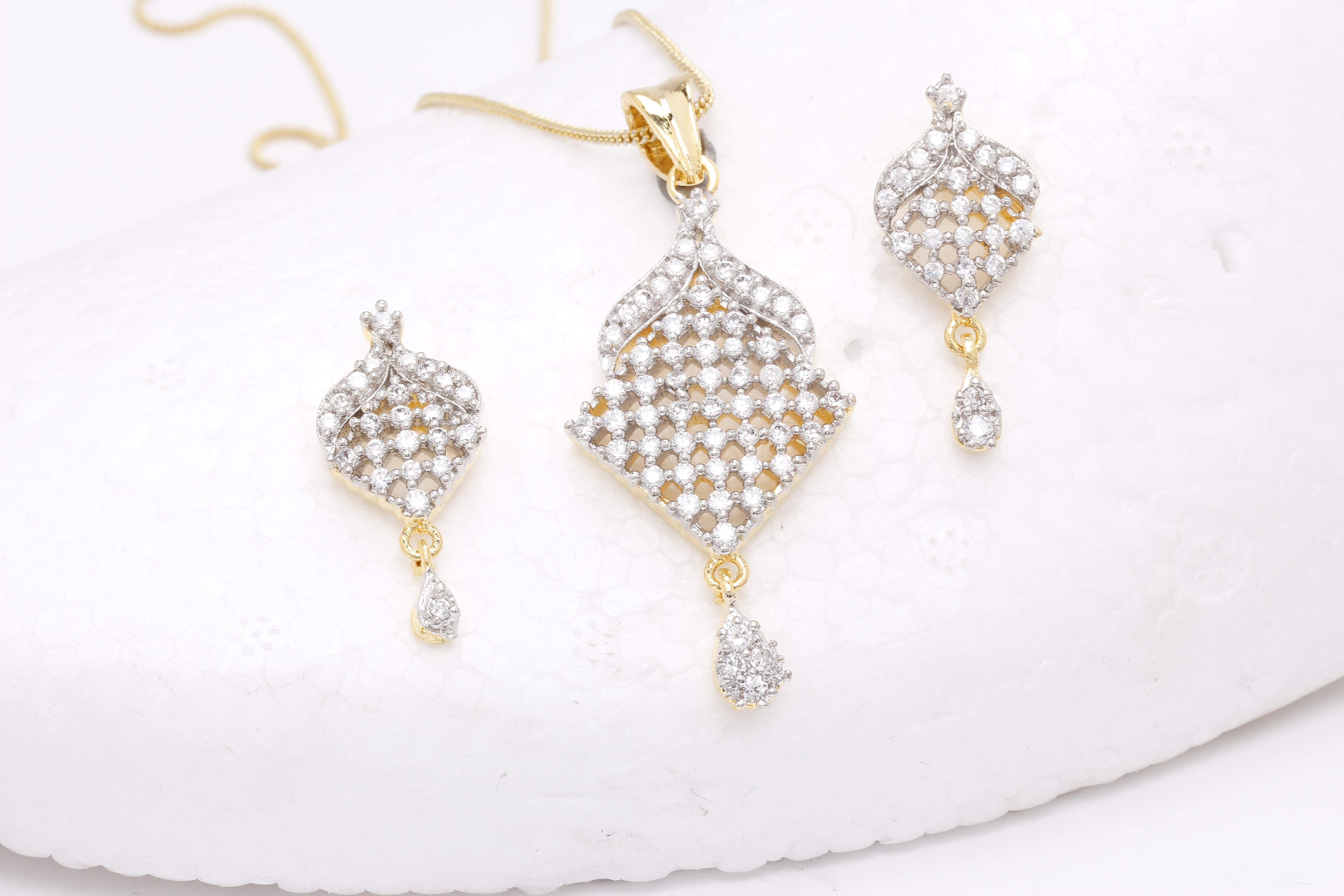 Gold-Plated Alloy American Diamond Pendant Necklace Set - The Pari - Distacart